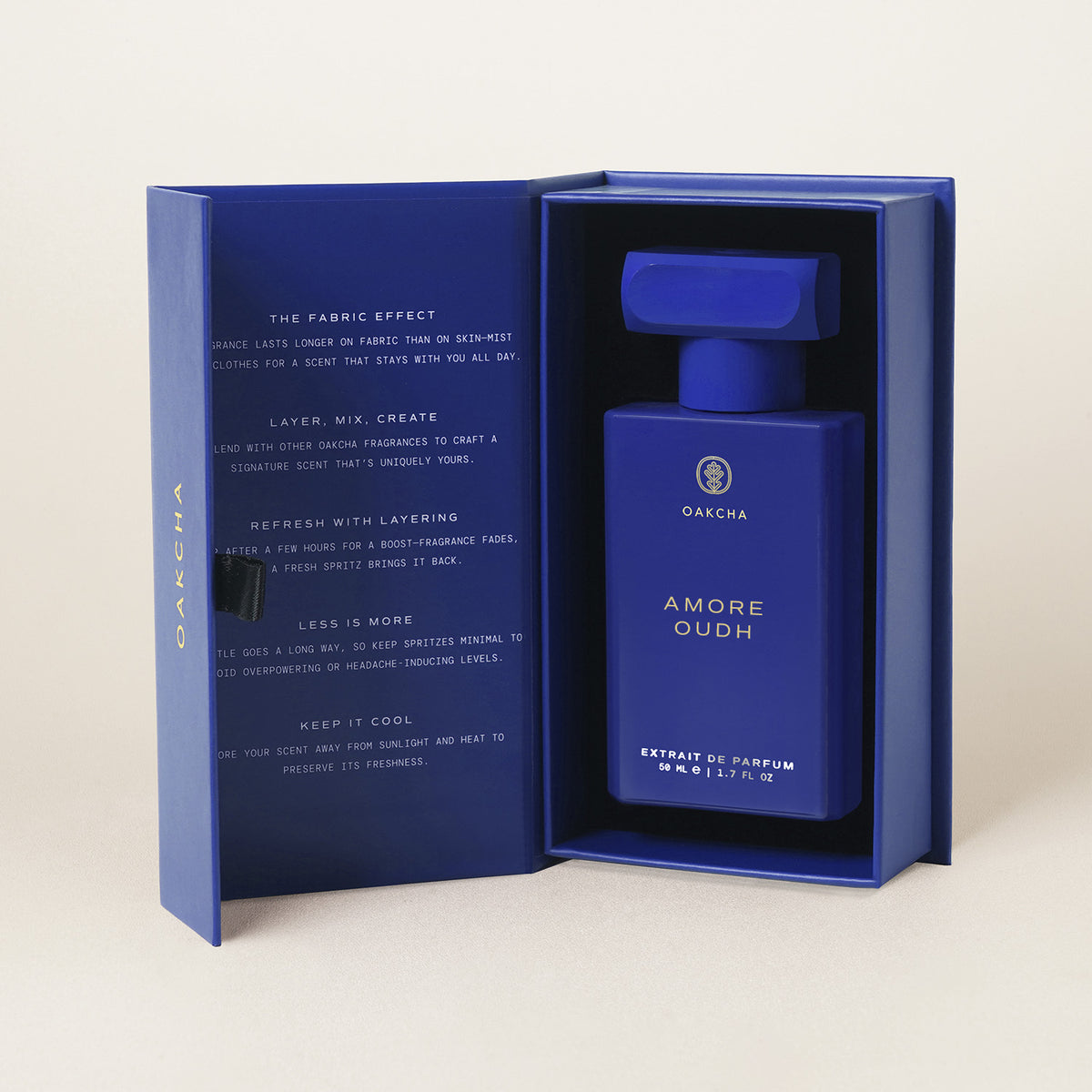 Front view of Amore Oudh perfume bottle showcasing its blue design and 50 ml size in an open box