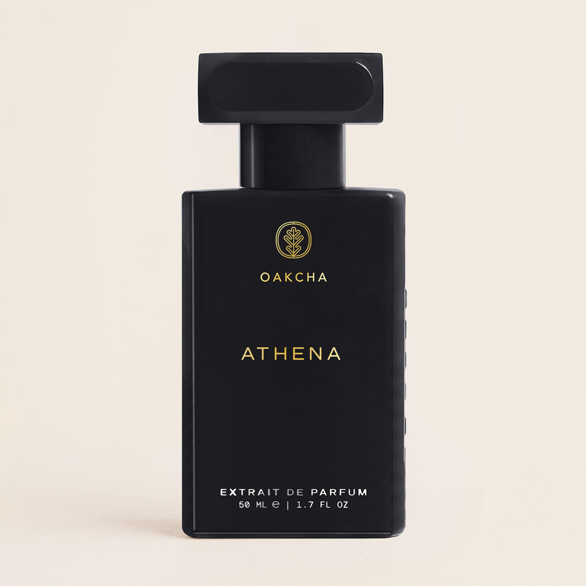 Front view of Athena 50 mL perfume bottle showcasing black rectangular design and gold lettering on a light background