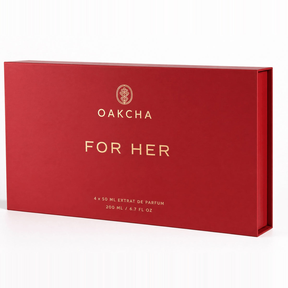 Front view of For Her Set gift box showing red matte packaging with gold Oakcha logo and large FOR HER text on white background