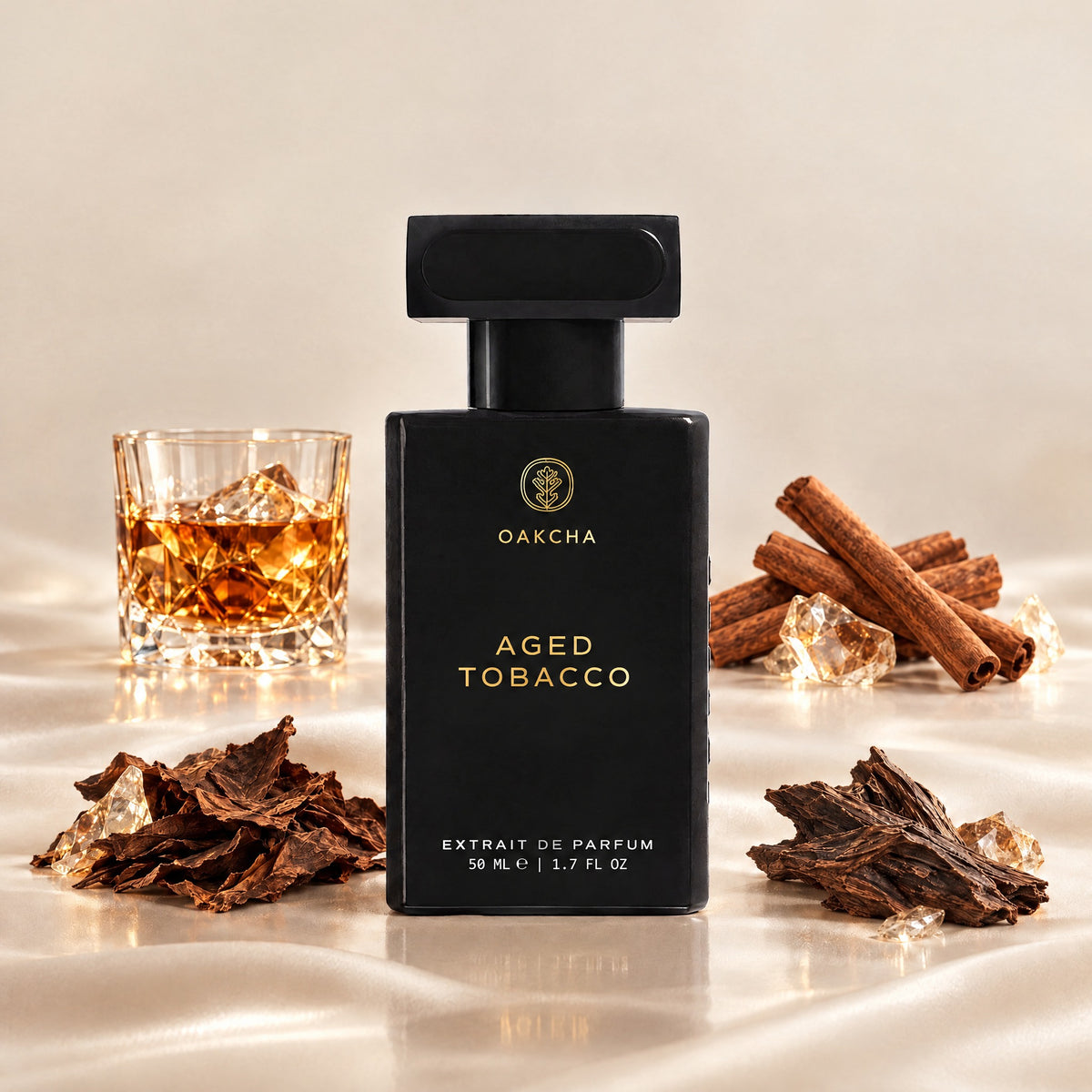 Front view of Aged Tobacco perfume bottle showcasing black packaging, 50 ml size, and whiskey, cinnamon, tobacco, and oud notes