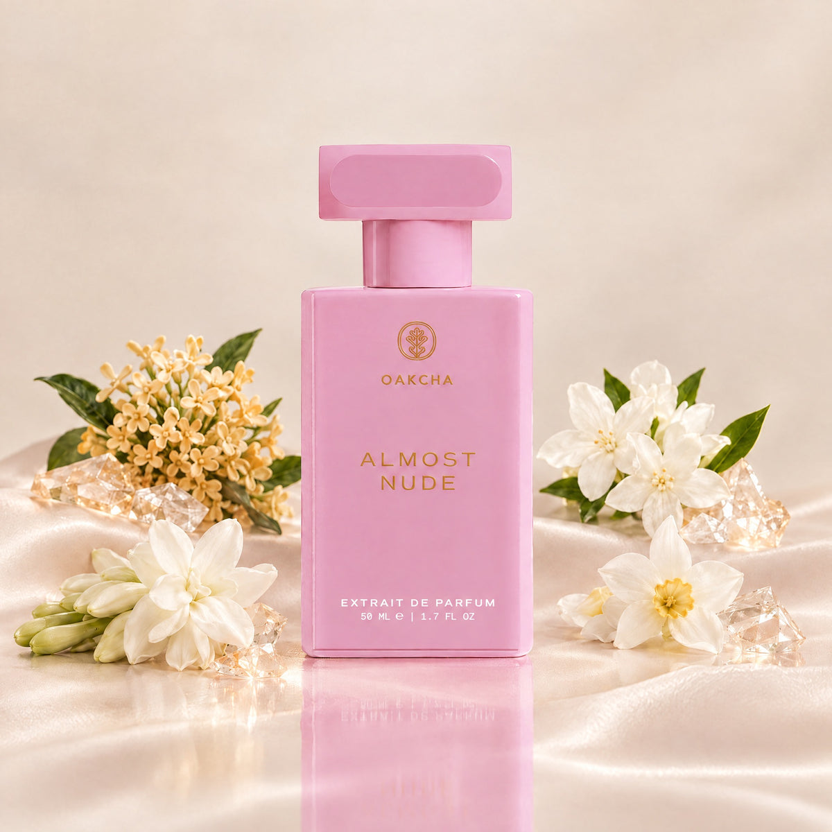 Front view of Almost Nude Extrait de Parfum bottle showcasing osmanthus, jasmine, tuberose, and narcissus notes with floral background