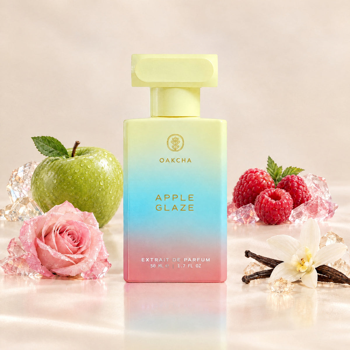 Front view of Apple Glaze Extrait de Parfum bottle showcasing apple, raspberry, rose, and vanilla notes