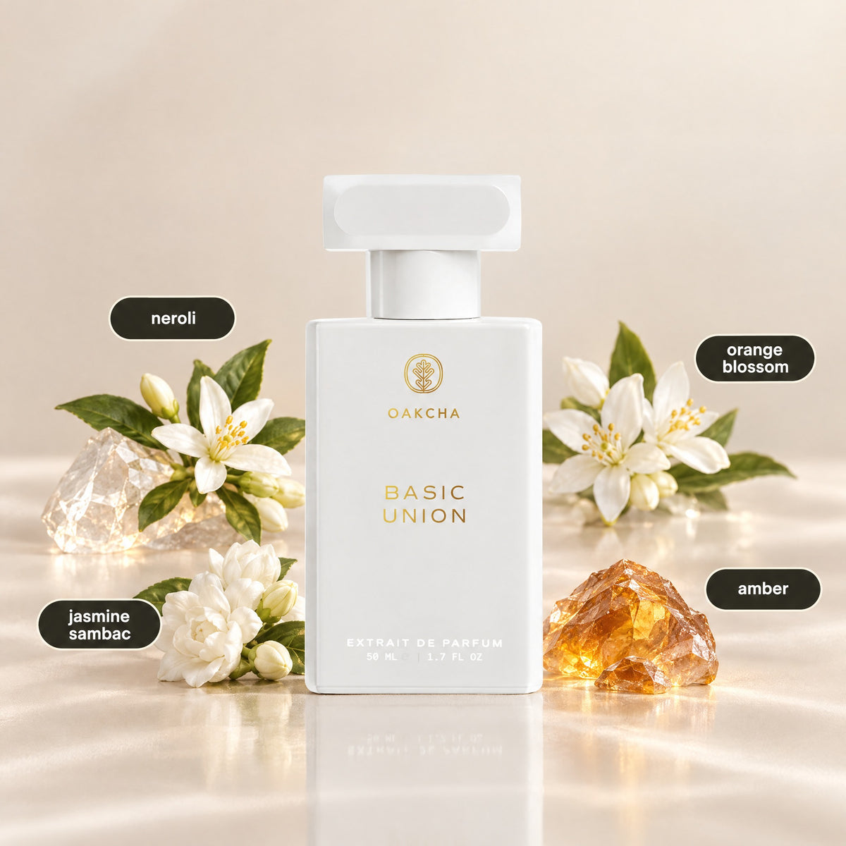 Basic Union Extrait de Parfum bottle with neroli, orange blossom, jasmine sambac, and amber note labels