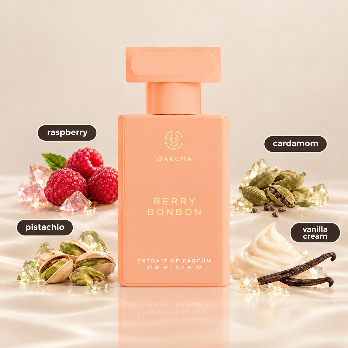Front view of Berry Bonbon Extrait de Parfum 50 mL bottle with raspberry cardamom pistachio and vanilla cream on beige