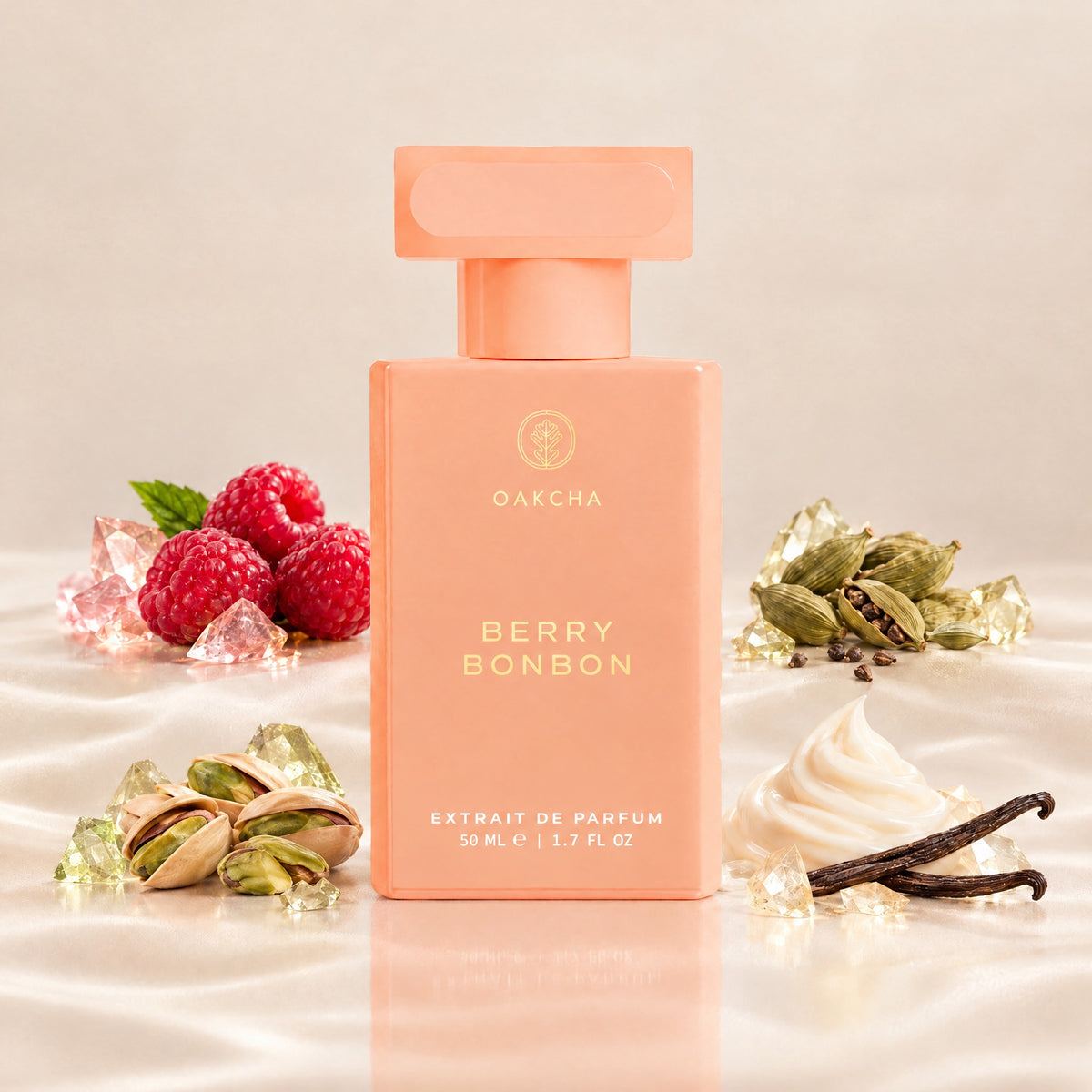 Front view of Berry Bonbon Extrait de Parfum 50 mL bottle with raspberry cardamom pistachio and vanilla cream on beige