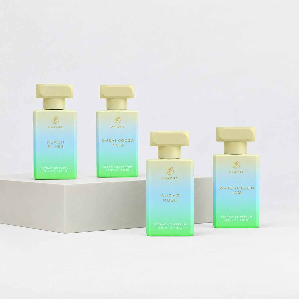 Peach Rings, Dubai Cocoa Pista, Sugar Rush and Watermelon Jam 50 mL Extrait de Parfum bottles from the Candy Collection Gift Box Set