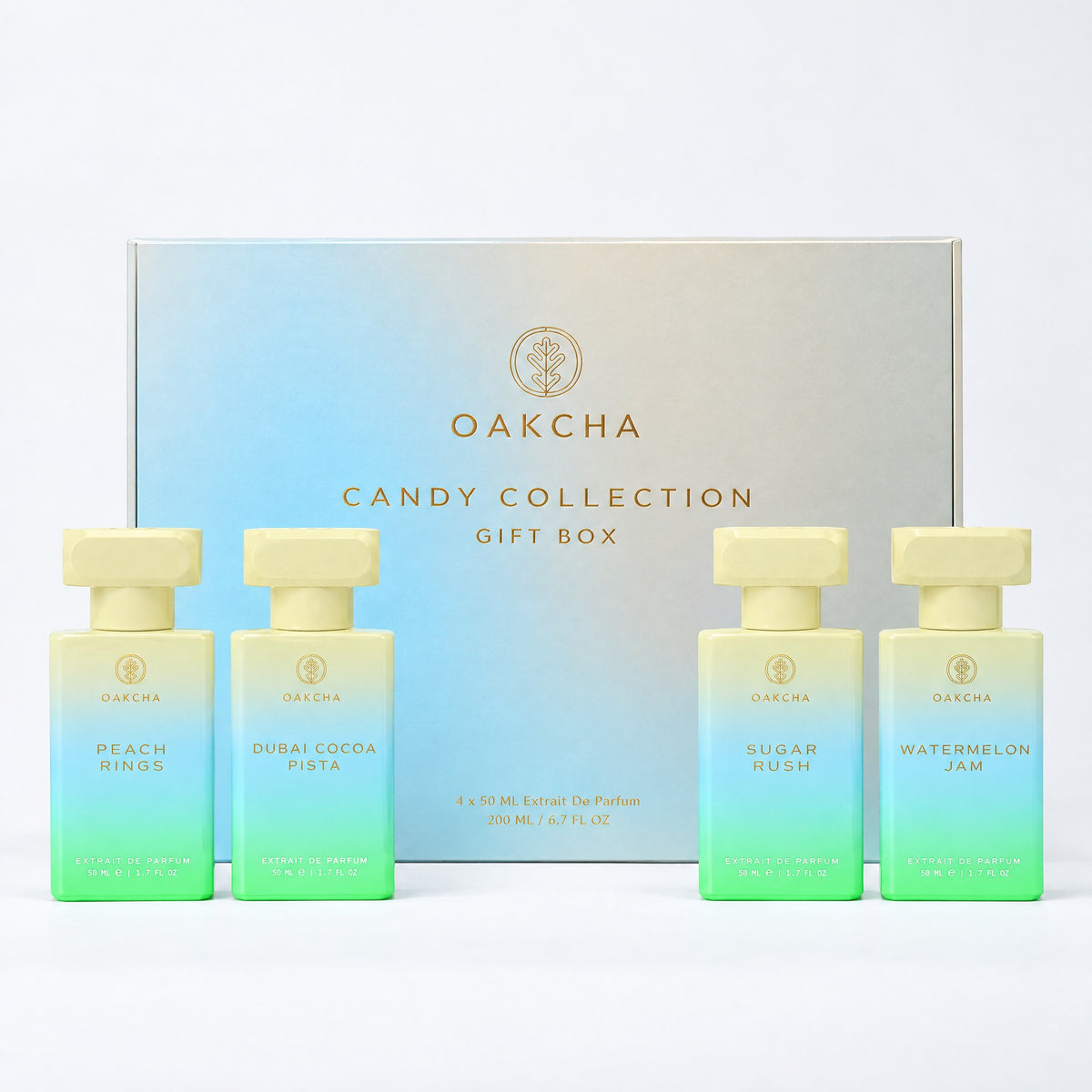 Oakcha Candy Collection Gift Box with Peach Rings, Dubai Cocoa Pista, Sugar Rush and Watermelon Jam 50 mL Extrait de Parfum bottles