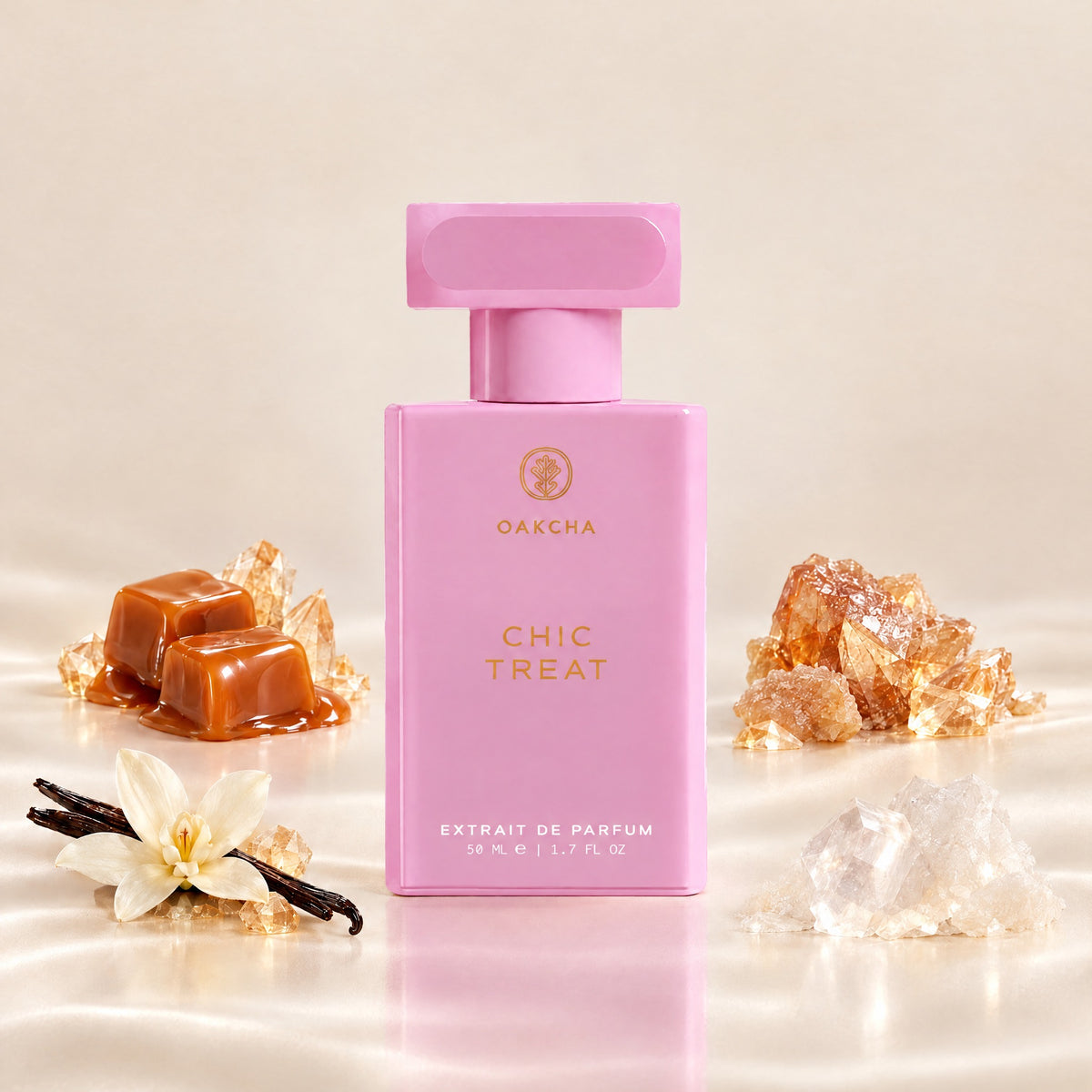 Front view of Chic Treat Extrait de Parfum bottle showcasing caramel, benzoin, vanilla, and musk notes with a neutral background