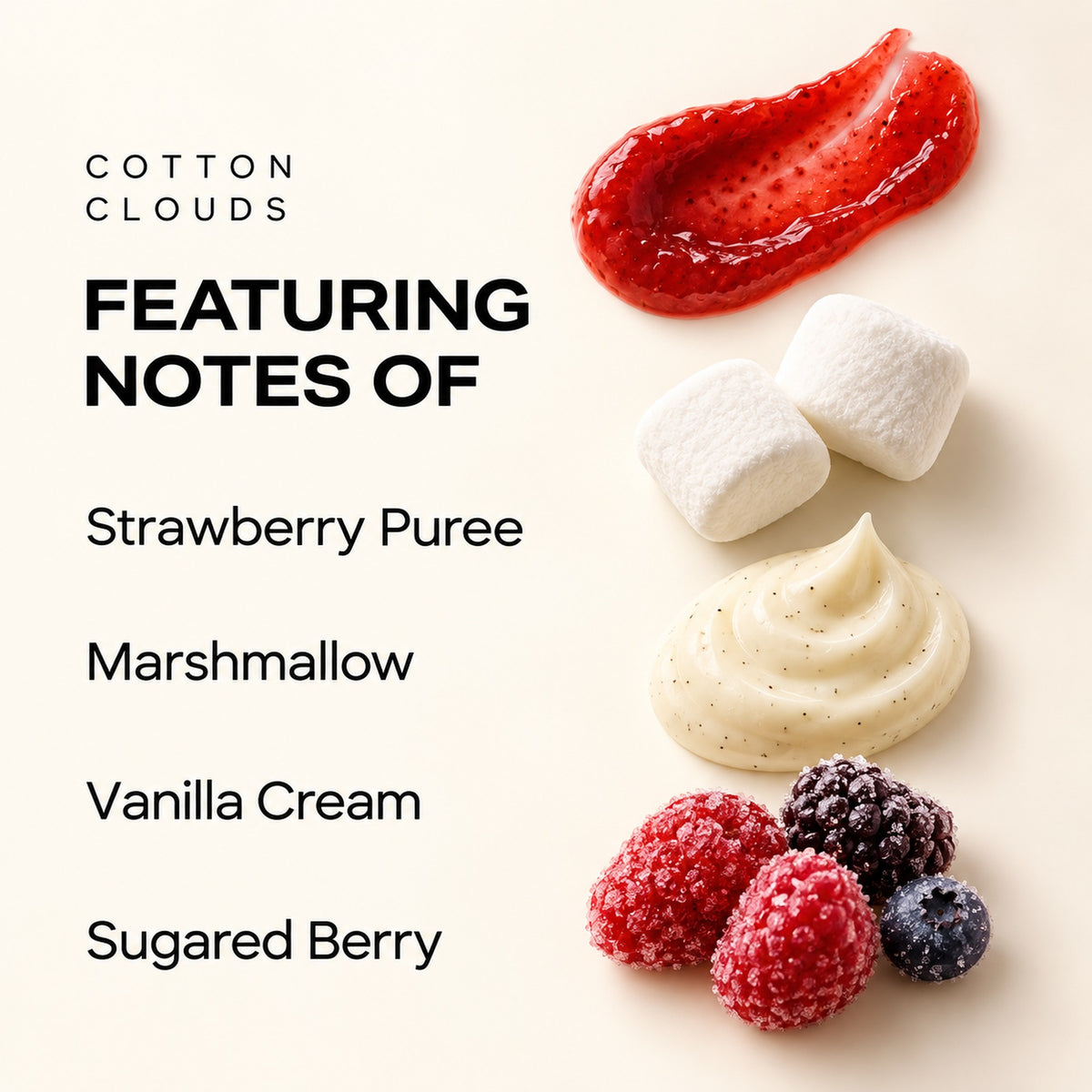Fragrance notes infographic for Cotton Clouds showing strawberry puree, marshmallow, vanilla cream, and sugared berry