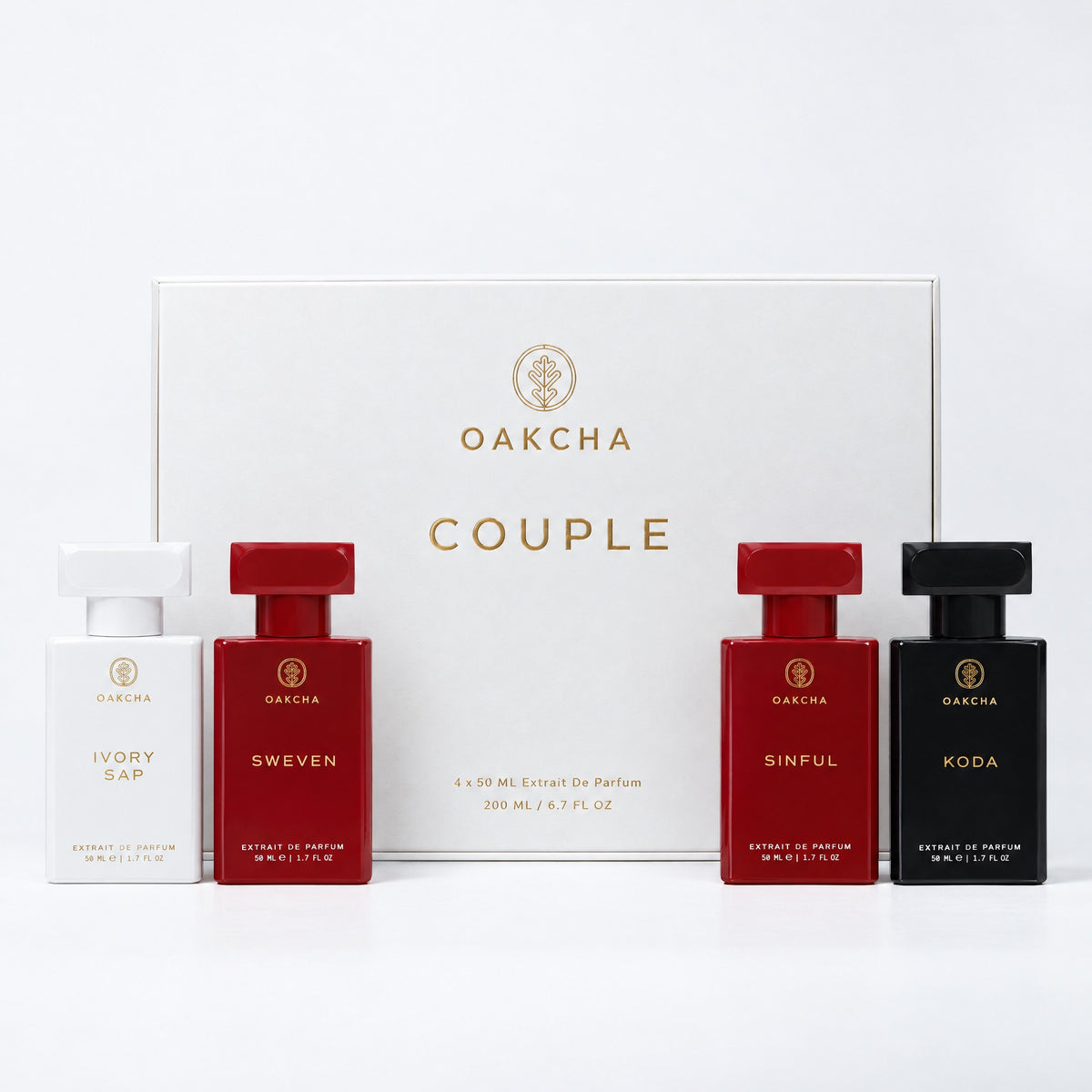 Oakcha Couple gift box with Ivory Sap, Sweven, Sinful and Koda 50 mL Extrait de Parfum bottles