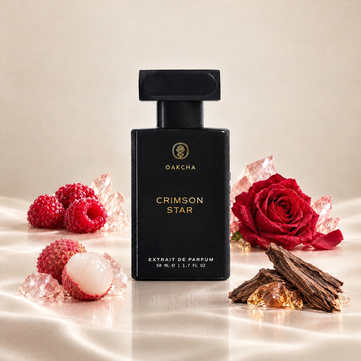 Front view of Crimson Star Extrait de Parfum bottle with 50 mL size and raspberry, lychee, rose, and akigalawood notes