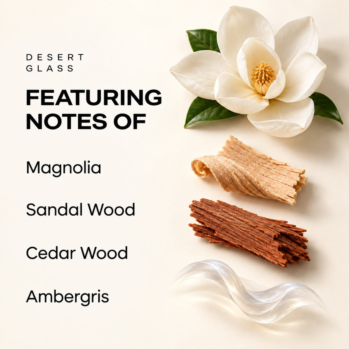 Desert Glass fragrance notes: magnolia, sandalwood, cedarwood, and ambergris