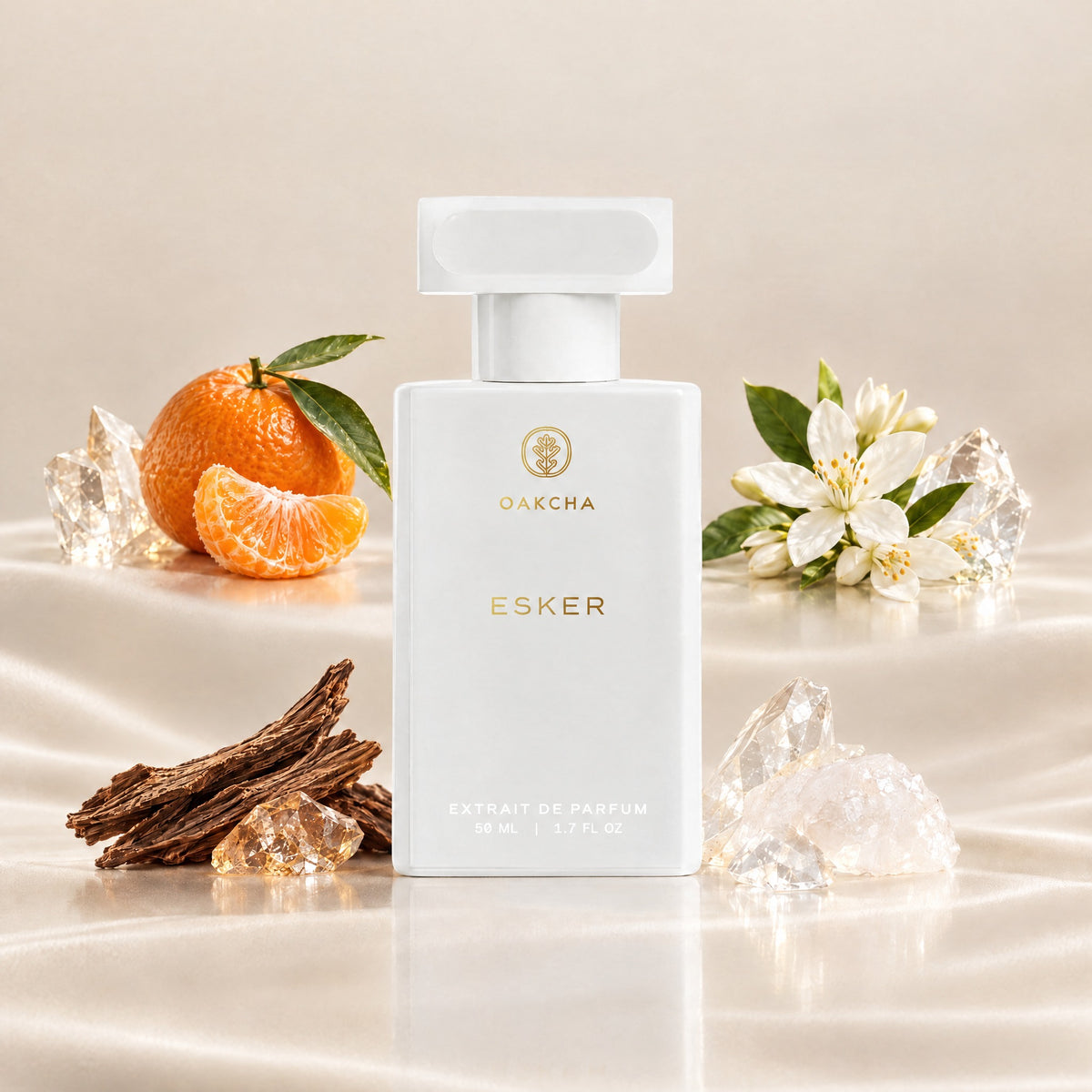 Front view of Esker Extrait de Parfum bottle with 50 mL size, mandarin, orange blossom, akigalawood, and musk notes