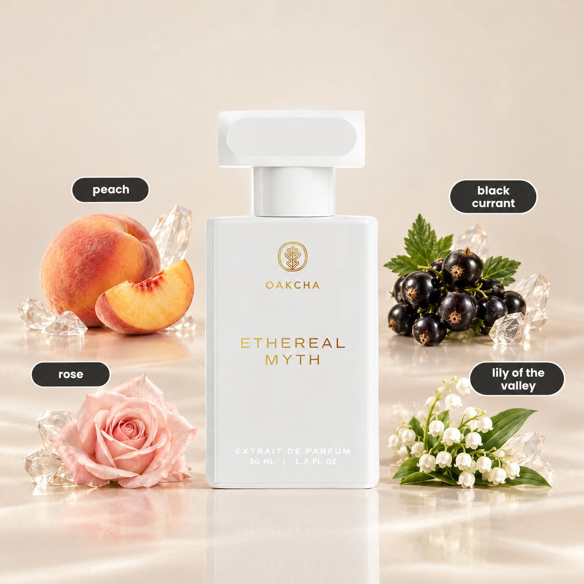 Front view of Ethereal Myth Extrait de Parfum bottle labeled 50 mL with peach, black currant, rose, and lily of the valley notes