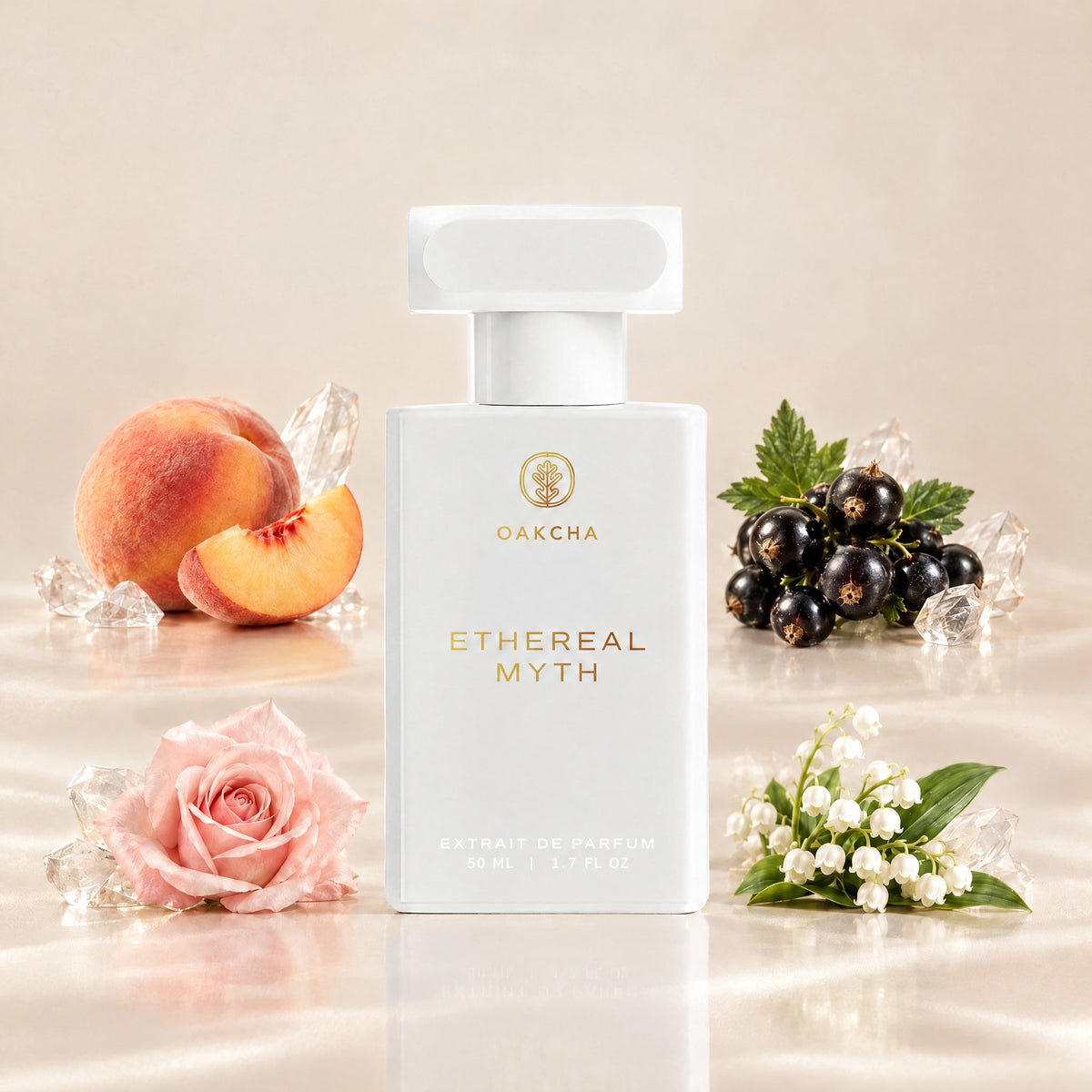 Front view of Ethereal Myth Extrait de Parfum bottle labeled 50 mL with peach, black currant, rose, and lily of the valley notes