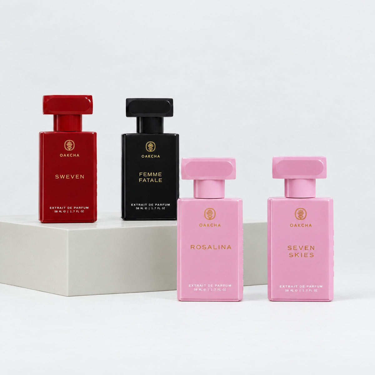 Sweven, Femme Fatale, Rosalina and Seven Skies 50 mL Extrait de Parfum bottles from the For Her Set