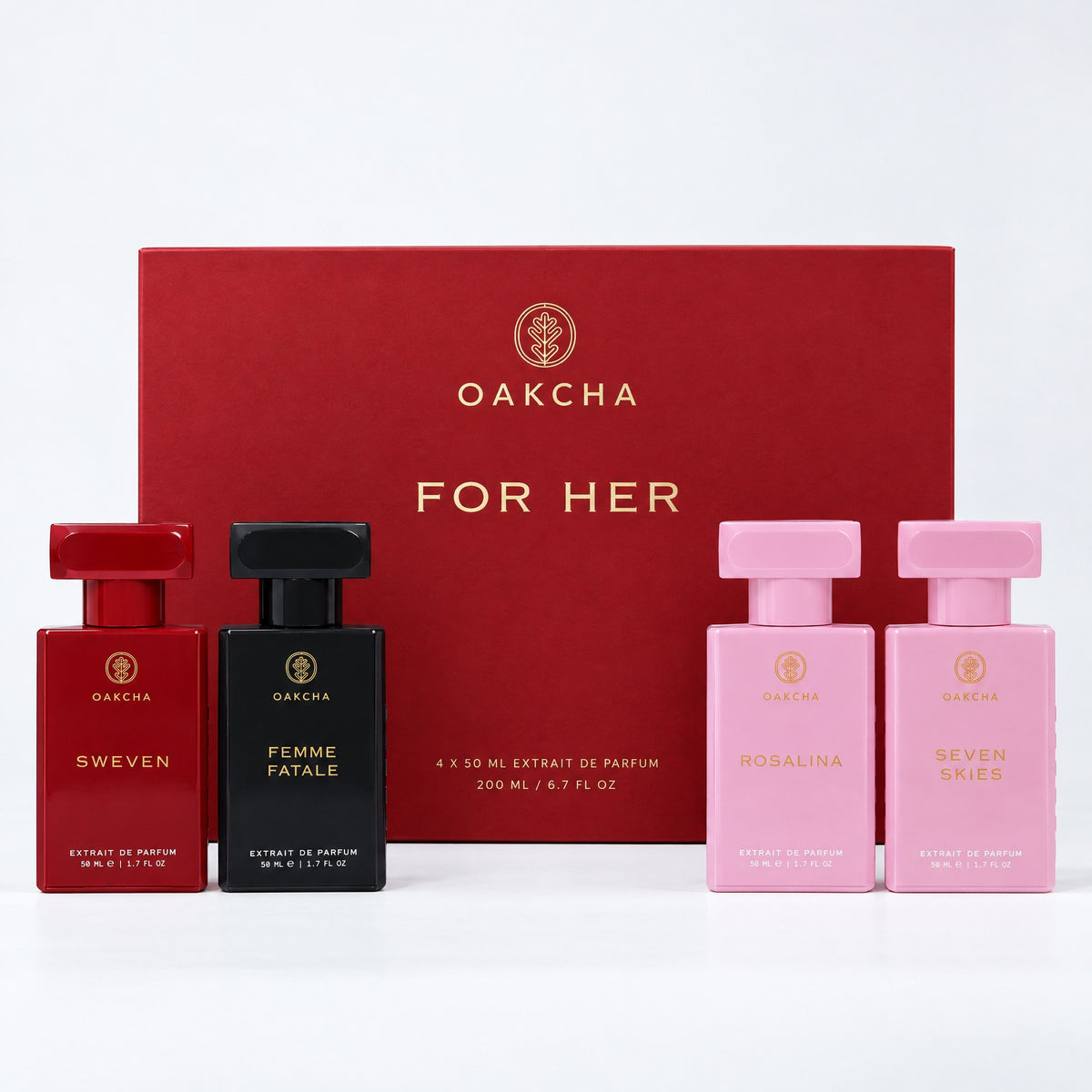 Oakcha For Her gift box with Sweven, Femme Fatale, Rosalina and Seven Skies 50 mL Extrait de Parfum bottles