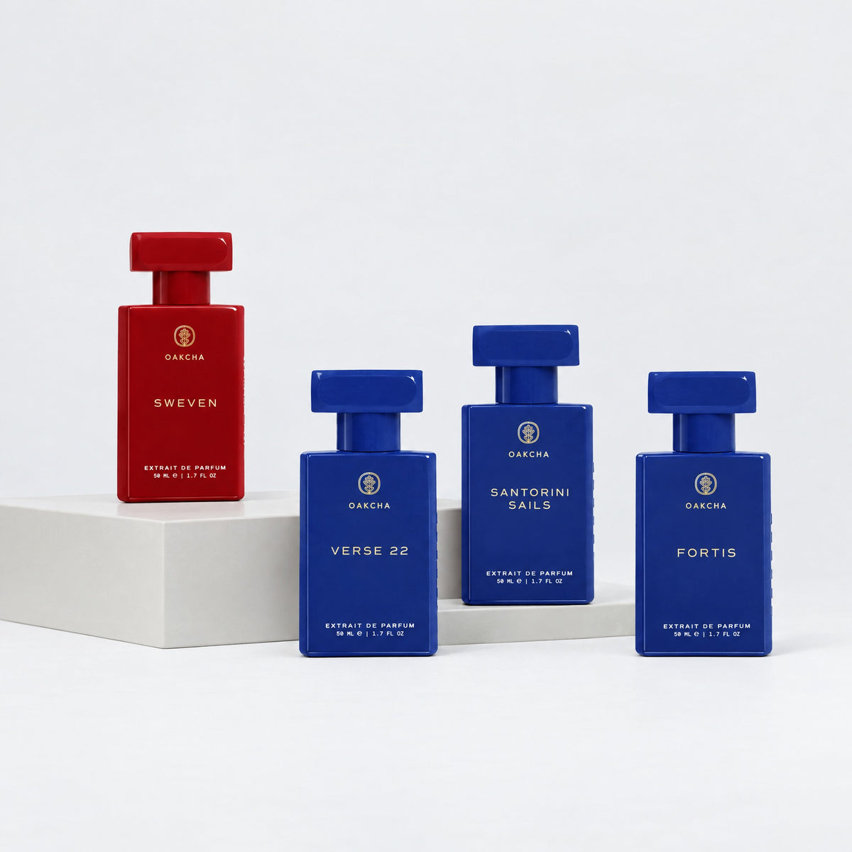 Sweven, Verse 22, Santorini Sails and Fortis 50 mL Extrait de Parfum bottles from the For Him Set