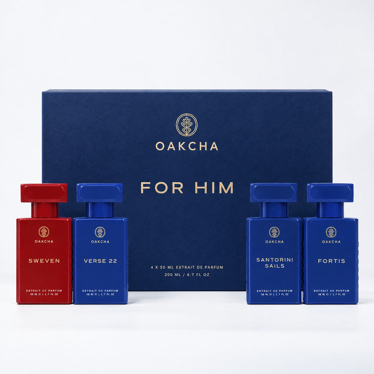 Oakcha For Him gift box with Sweven, Verse 22, Santorini Sails and Fortis 50 mL Extrait de Parfum bottles