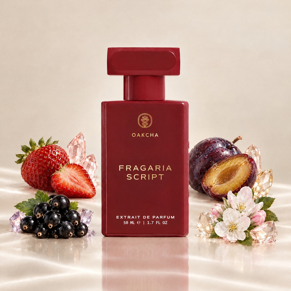 Front view of Fragaria Script Extrait de Parfum bottle with strawberry, plum, black currant, and apple blossom notes