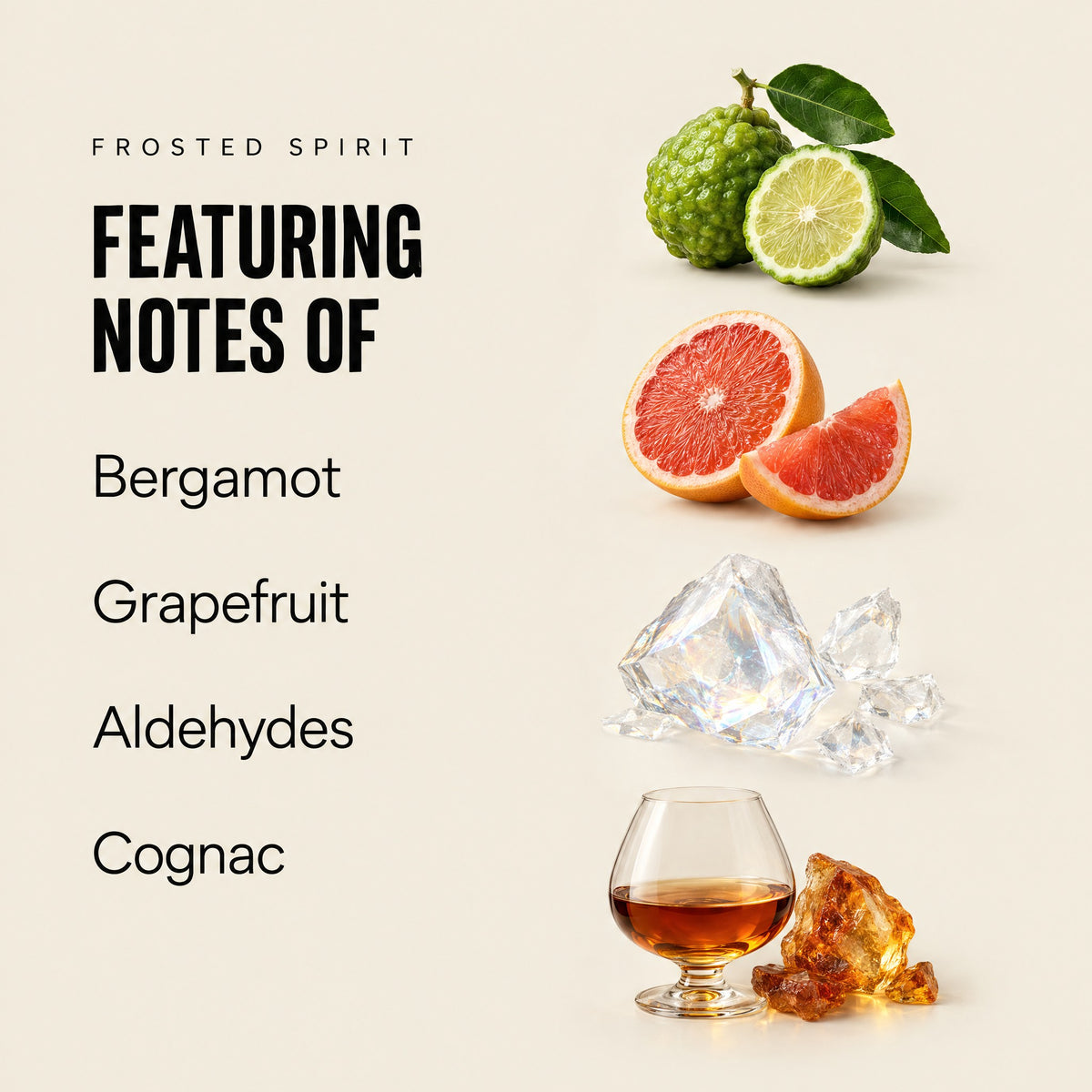 Infographic showing Frosted Spirit fragrance notes of bergamot, grapefruit, aldehydes, and cognac