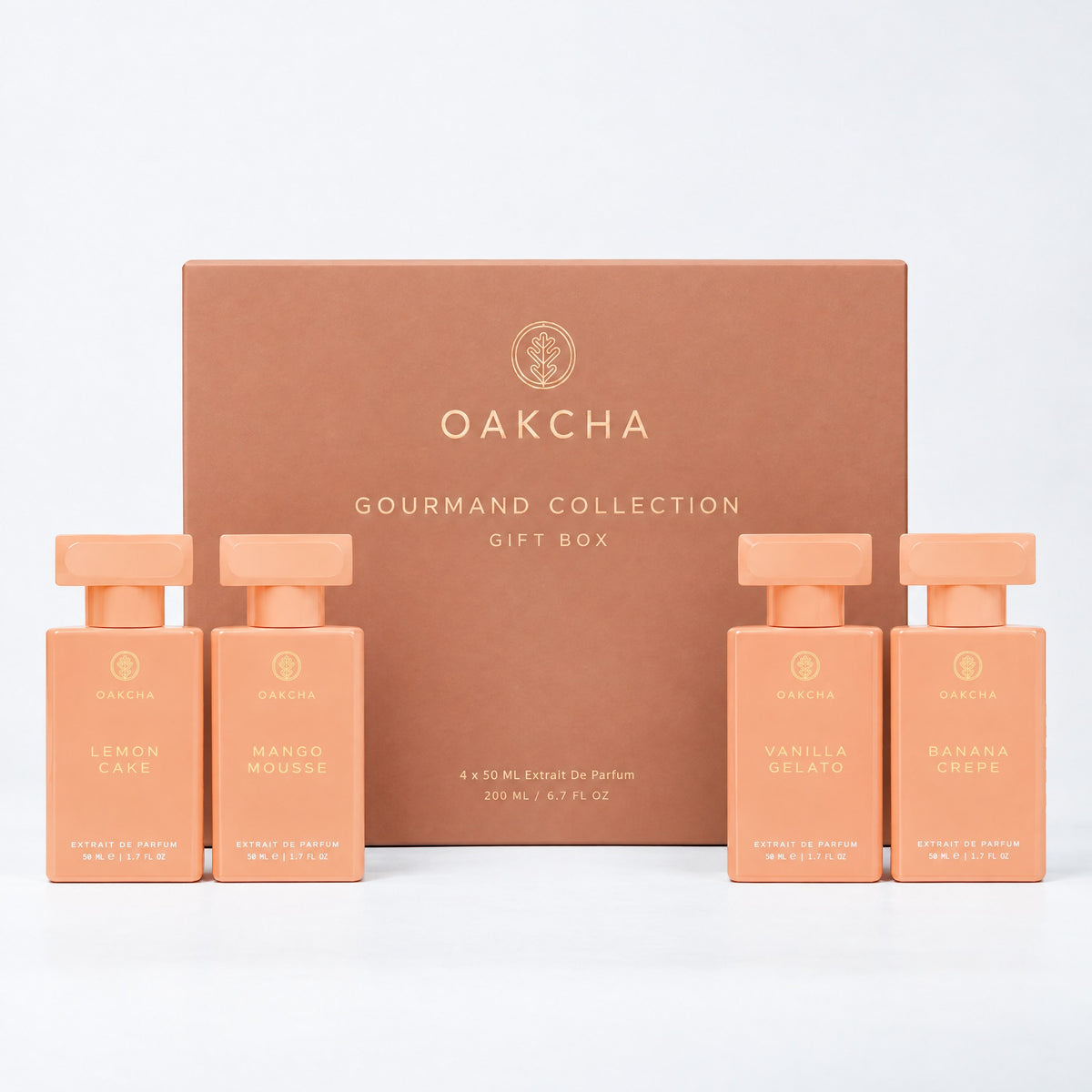 Oakcha Gourmand Collection Gift Box with Lemon Cake, Mango Mousse, Vanilla Gelato and Banana Crepe 50 mL Extrait de Parfum bottles