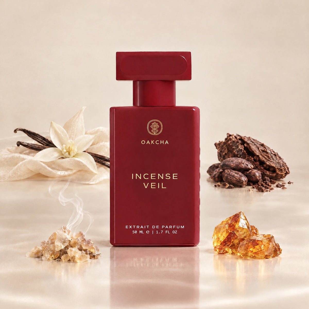 Front view of Incense Veil Extrait de Parfum bottle showing 50 mL size with cashmere vanilla, cacao, incense, and amber notes