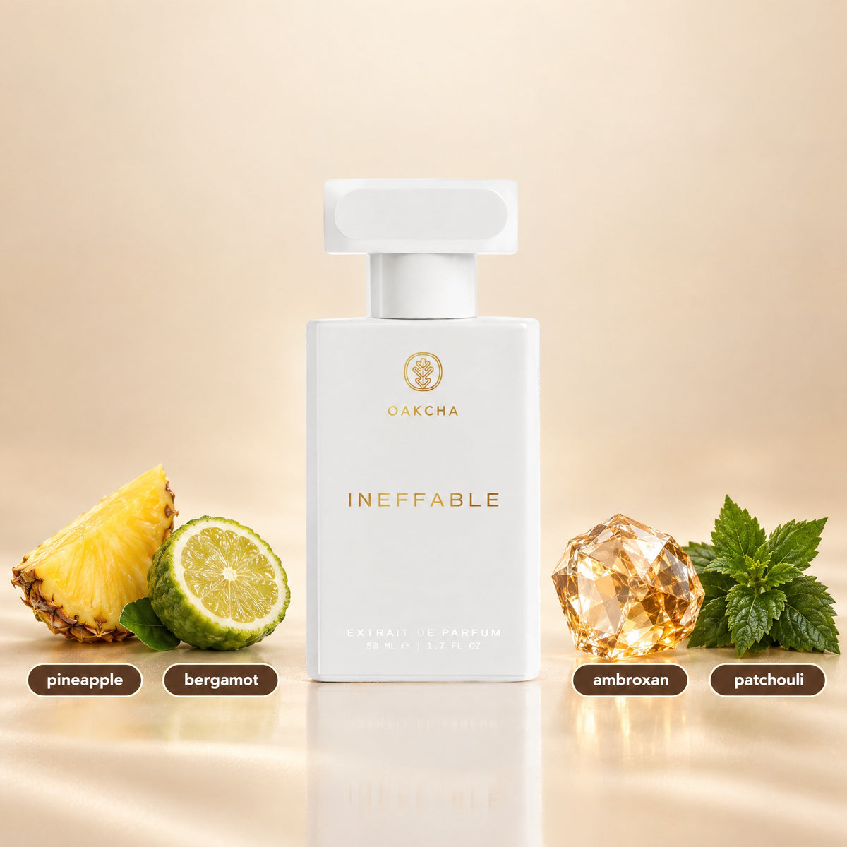 Front view of Ineffable fragrance bottle showcasing pineapple, bergamot, ambroxan, and patchouli with a beige background