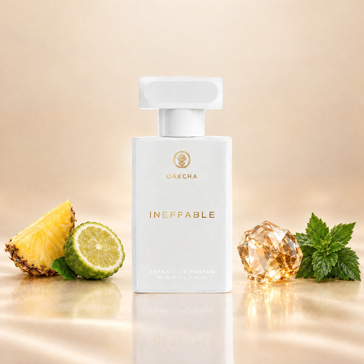 Front view of Ineffable fragrance bottle showcasing pineapple, bergamot, ambroxan, and patchouli with a beige background