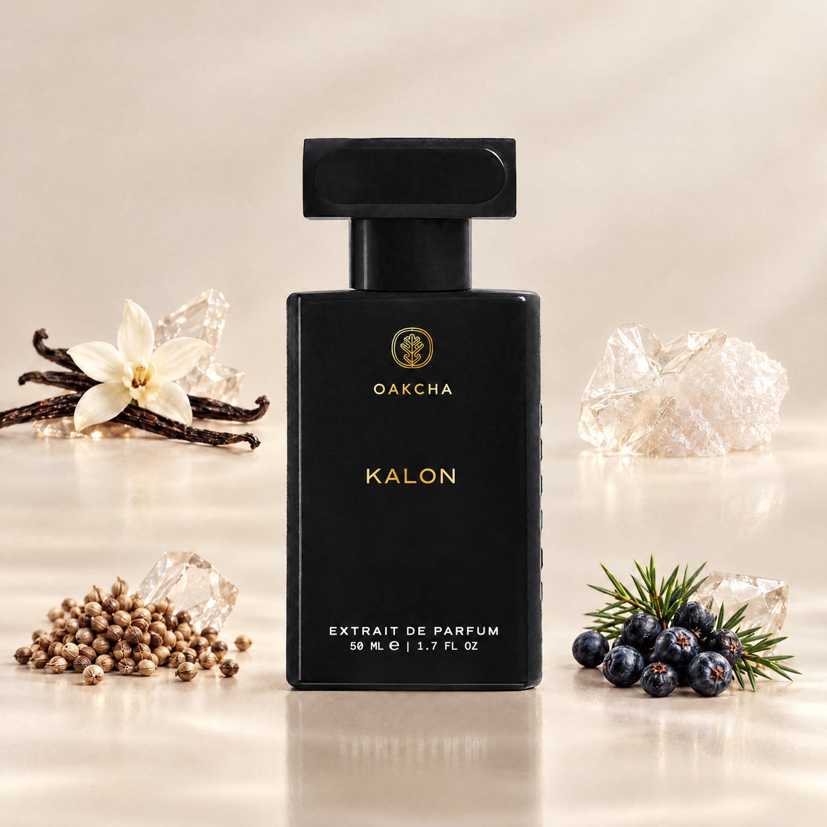 Front view of Kalon bottle showing black packaging, gold lettering, 50 mL size, and vanilla, musk, coriander, and juniper berry