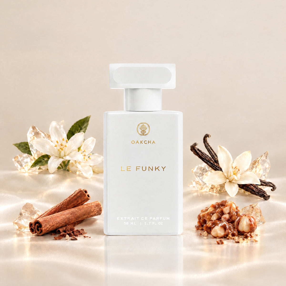 Front view of Le Funky bottle with 50 milliliters and orange blossom, vanilla, cinnamon, and praline notes