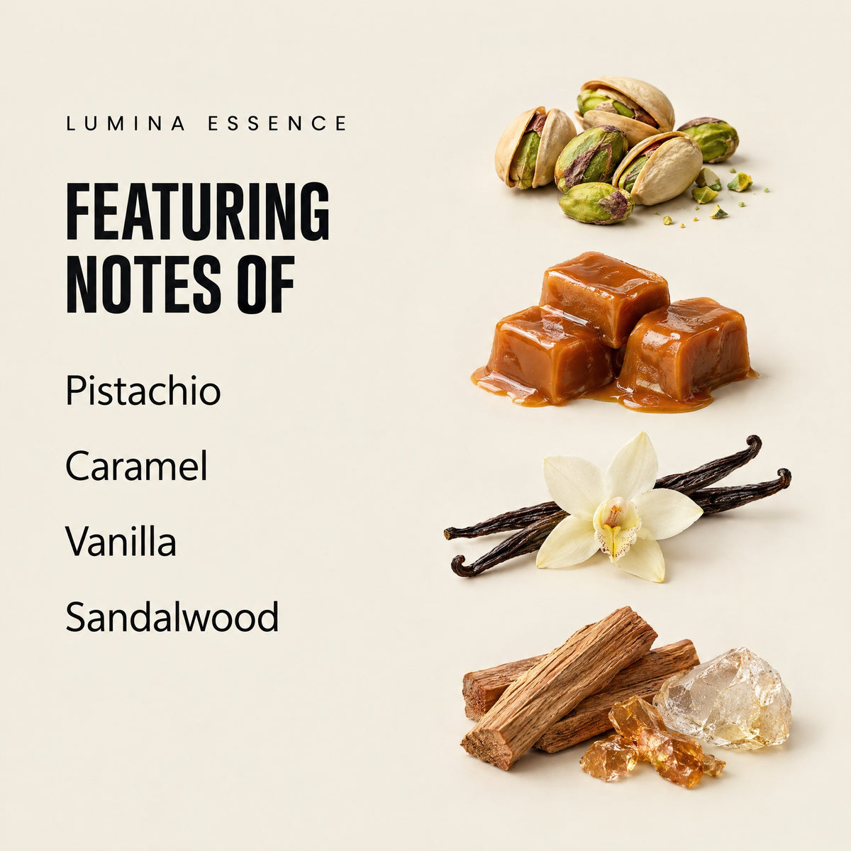 Lumina Essence featuring notes of pistachio, caramel, vanilla, and sandalwood