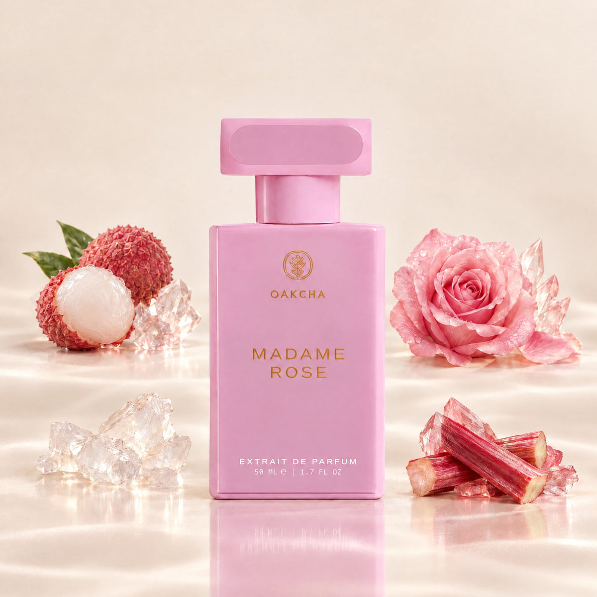 Front view of Madame Rose perfume bottle 50 mL 1.7 fl oz with lychee rose musk and rhubarb notes on a pink background