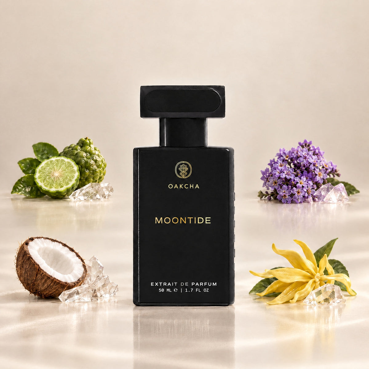 Black Moontide extrait de parfum bottle with 50 mL marking, surrounded by bergamot, heliotrope, coconut, and ylang ylang