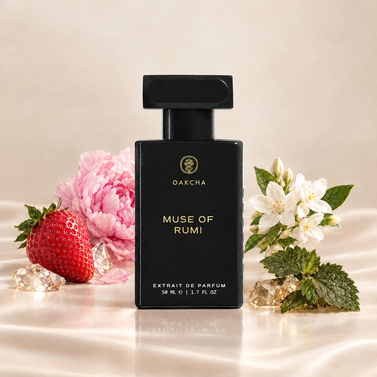 Front view of Muse of Rumi Extrait de Parfum bottle showcasing strawberry, peony, jasmine, and patchouli notes with beige background
