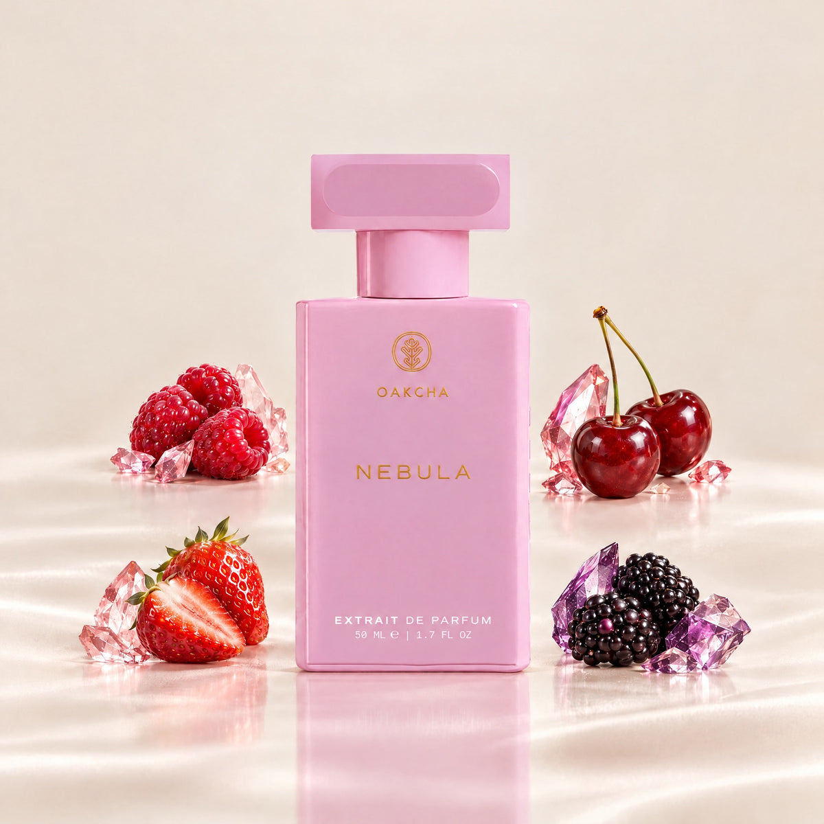 Front view of Nebula Extrait de Parfum bottle showcasing raspberry, cherry, strawberry, and blackberry notes with a berry background