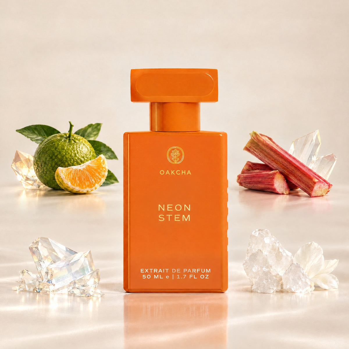 Front view of Neon Stem extrait de parfum bottle, 50 ml, with green mandarin, rhubarb, aldehydes, and white musk notes