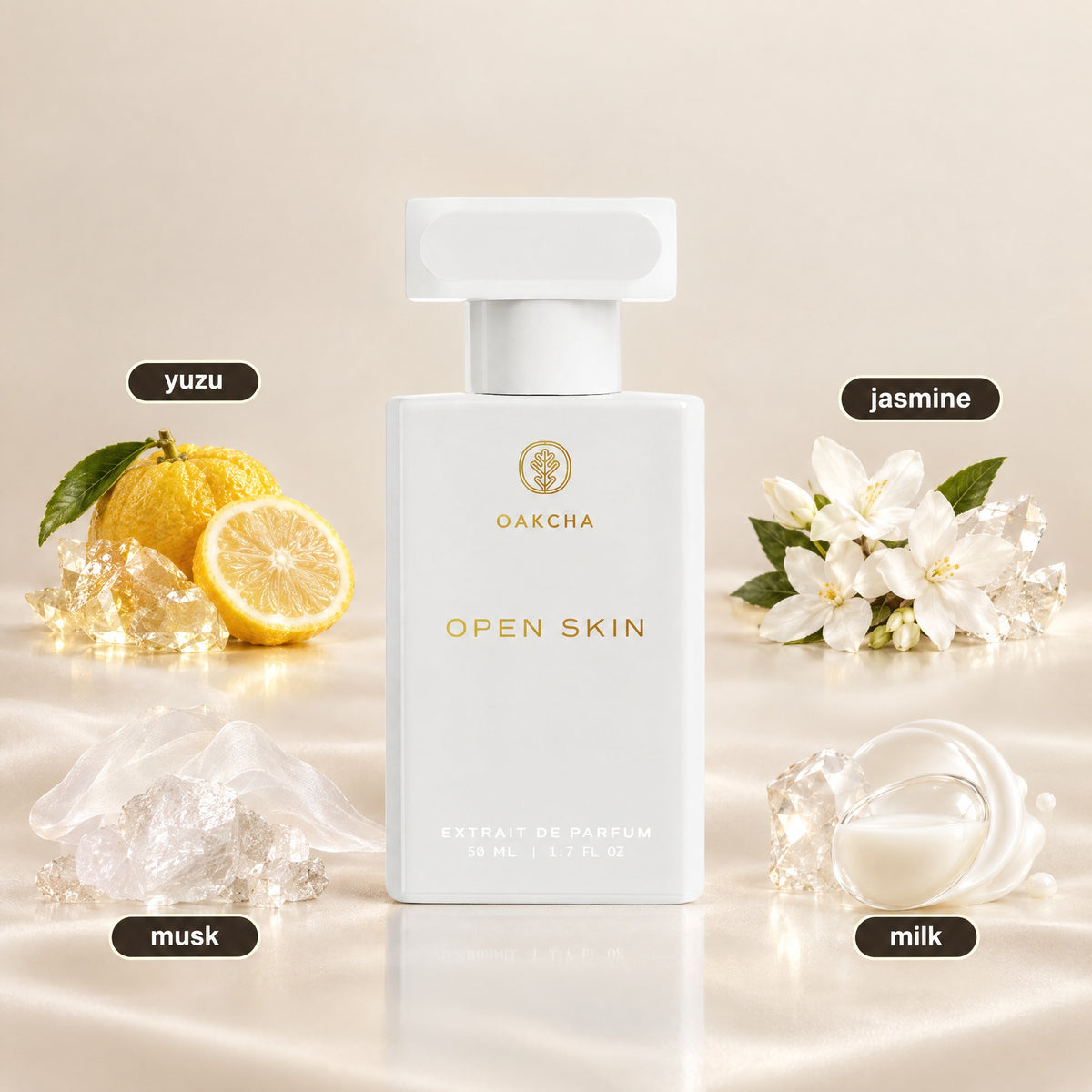 Front view of Open Skin Extrait de Parfum bottle showcasing yuzu, jasmine, musk, and milk notes, 50 mL