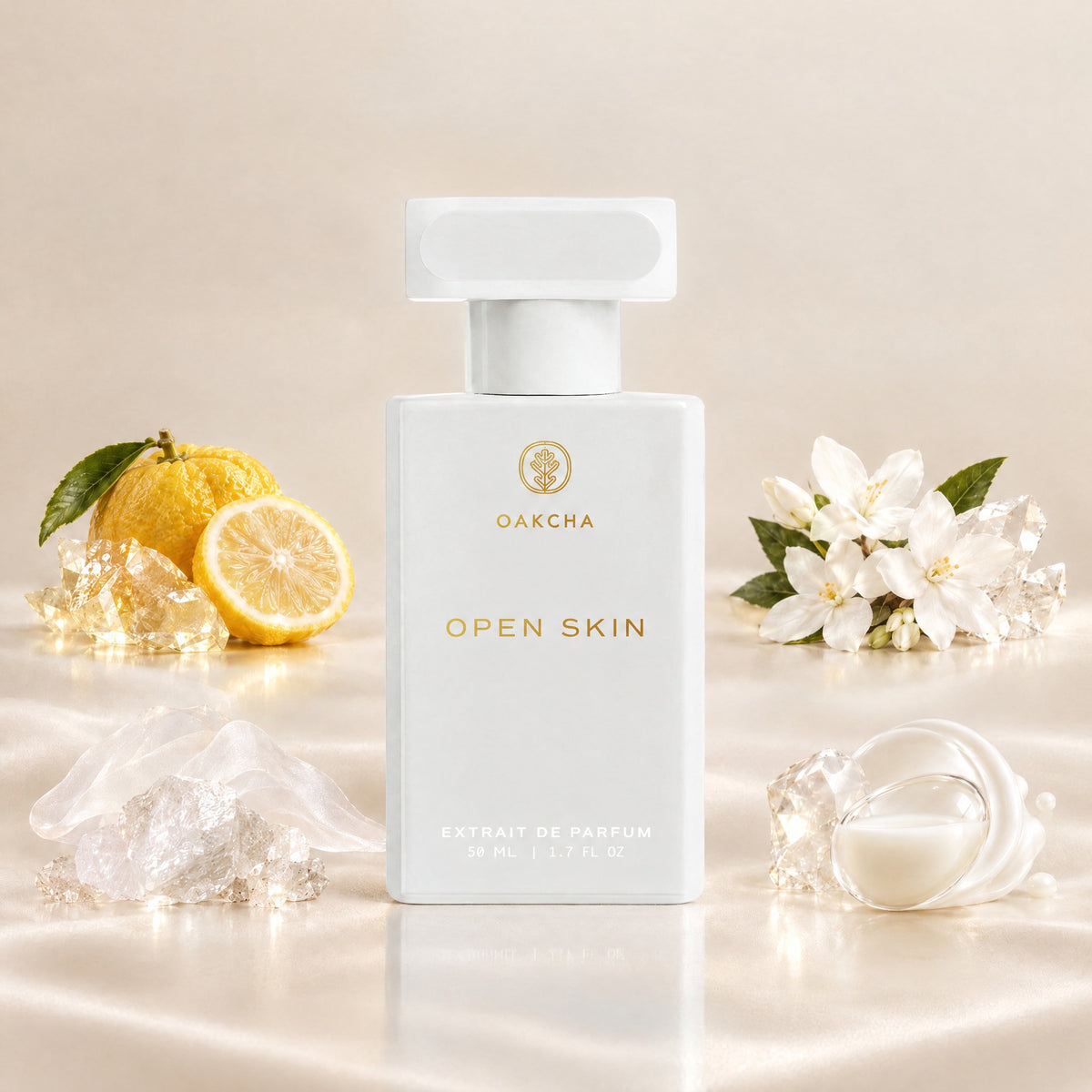 Front view of Open Skin Extrait de Parfum bottle showcasing yuzu, jasmine, musk, and milk notes, 50 mL