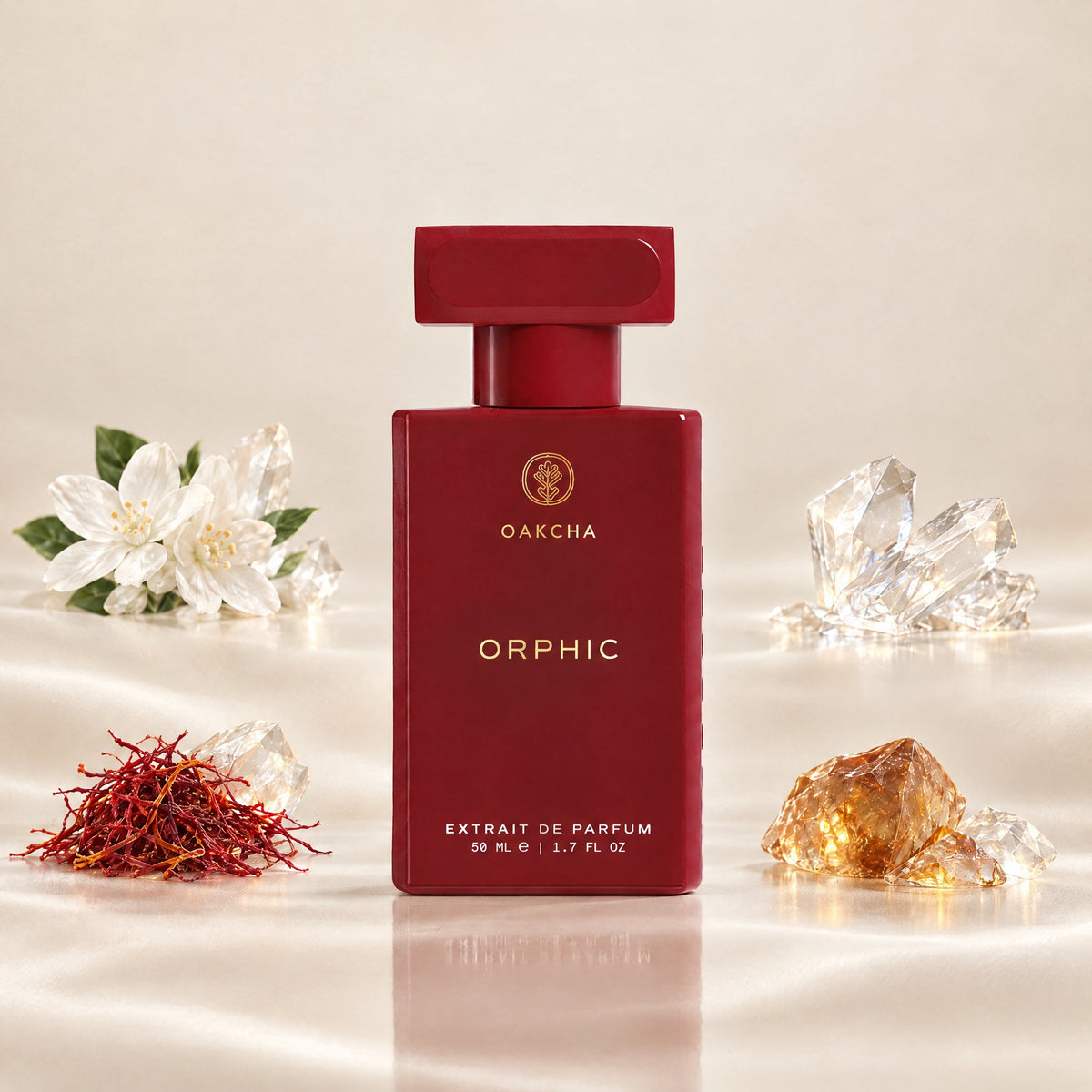 Front view of Orphic 50 ml perfume bottle with jasmine, saffron, ambroxan, and ambergris notes, flowers, and crystals