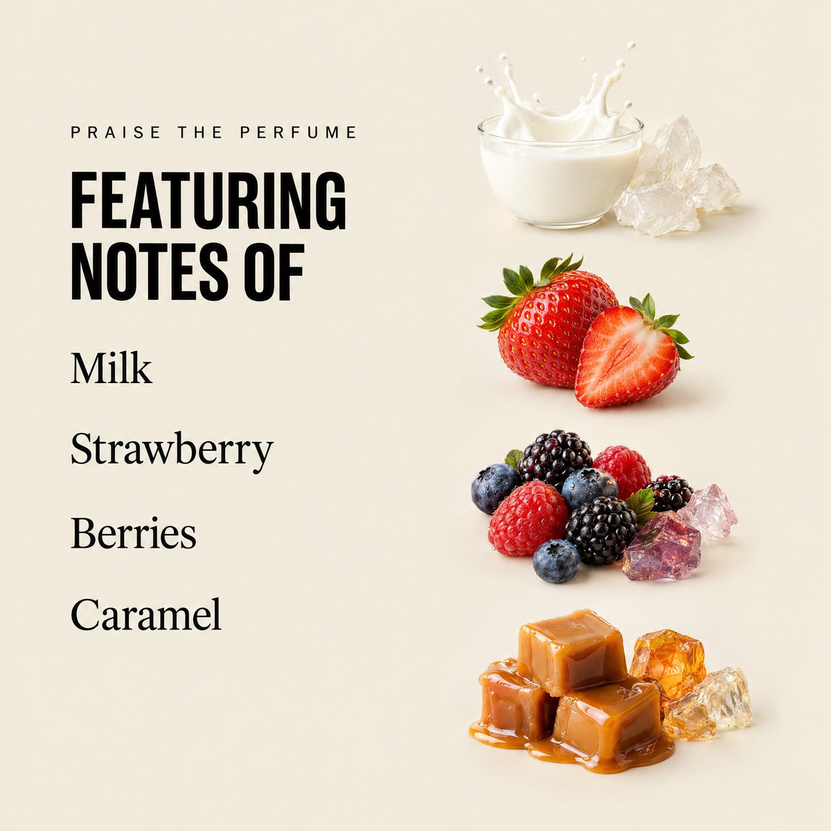 Praise the Perfume notes infographic listing milk, strawberry, berries, and caramel