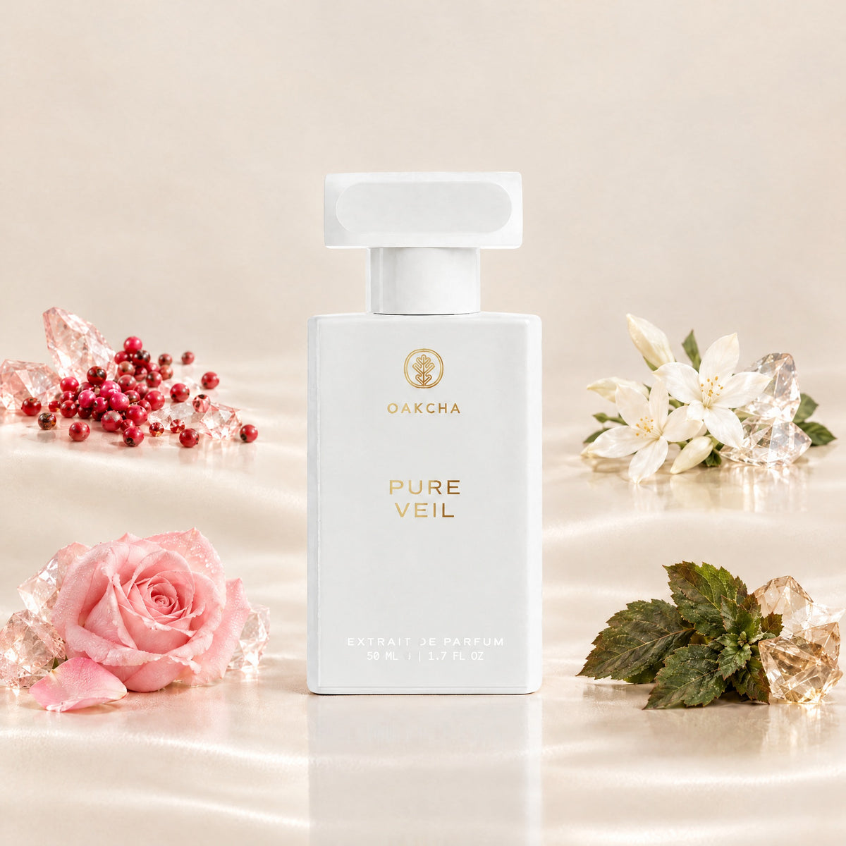 Front view of Pure Veil perfume bottle with 50 mL size, pink pepper, rose, jasmine, and patchouli notes on beige background