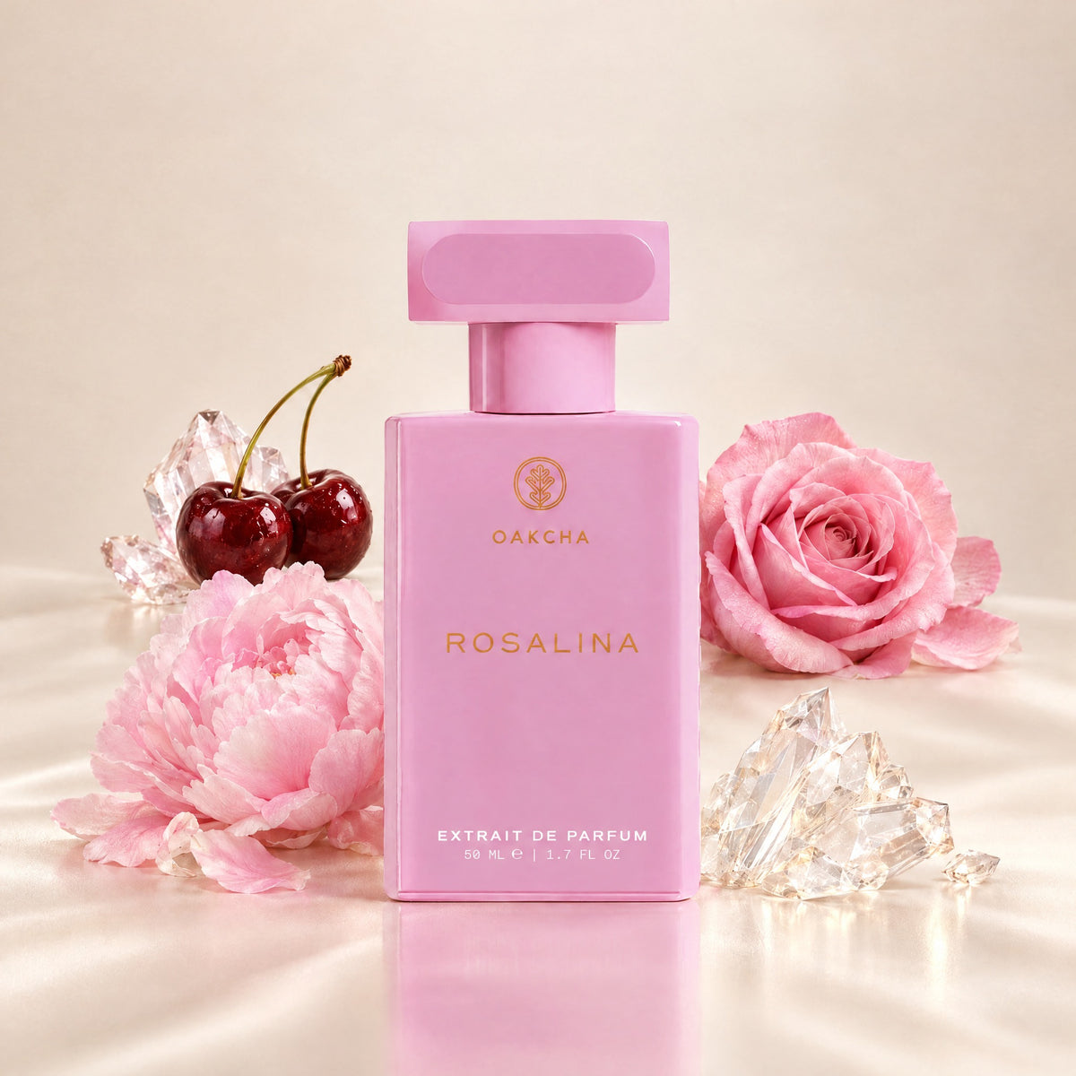 Front view of Rosalina Extrait de Parfum bottle with black cherry, peony, rose, and ambroxan among flowers and crystals