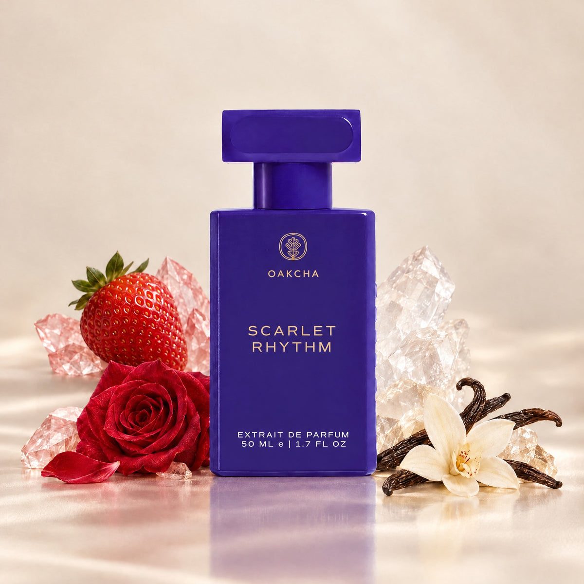 Front view of Scarlet Rhythm extrait de parfum bottle showing 50 ml, 1.7 fl oz, and strawberry, rose, vanilla, and musk notes