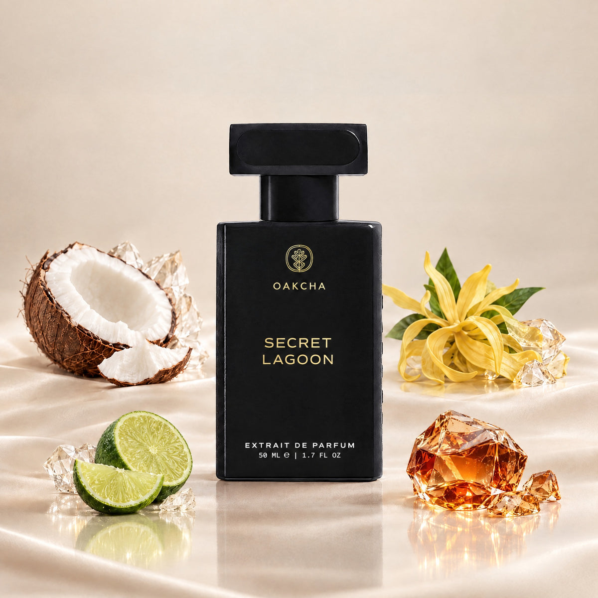 Front view of black Secret Lagoon perfume bottle with coconut ylang ylang lime and rum notes on beige background