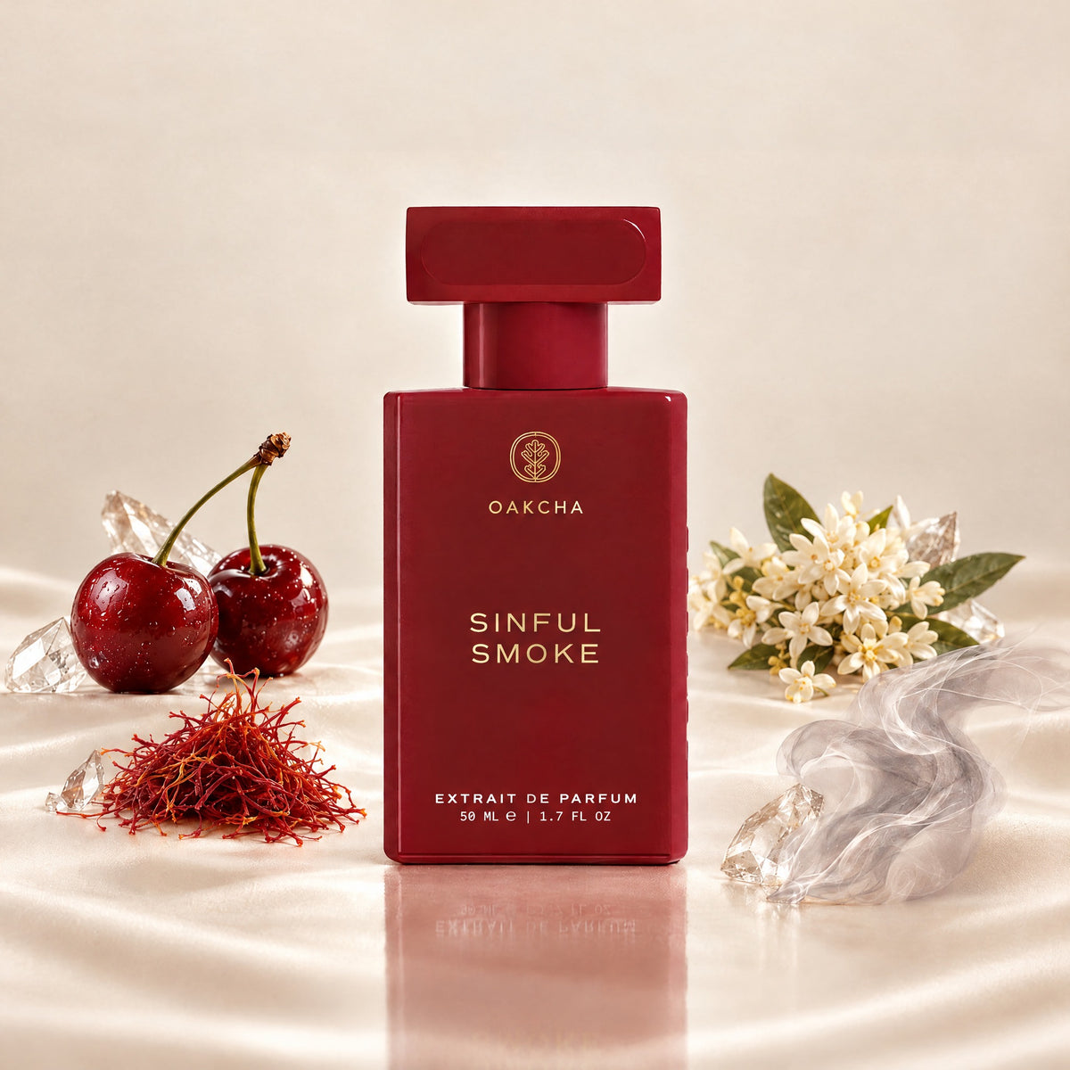 Front view of Sinful Smoke Extrait de Parfum bottle with cherry, saffron, osmanthus, and smoke notes on a light setting