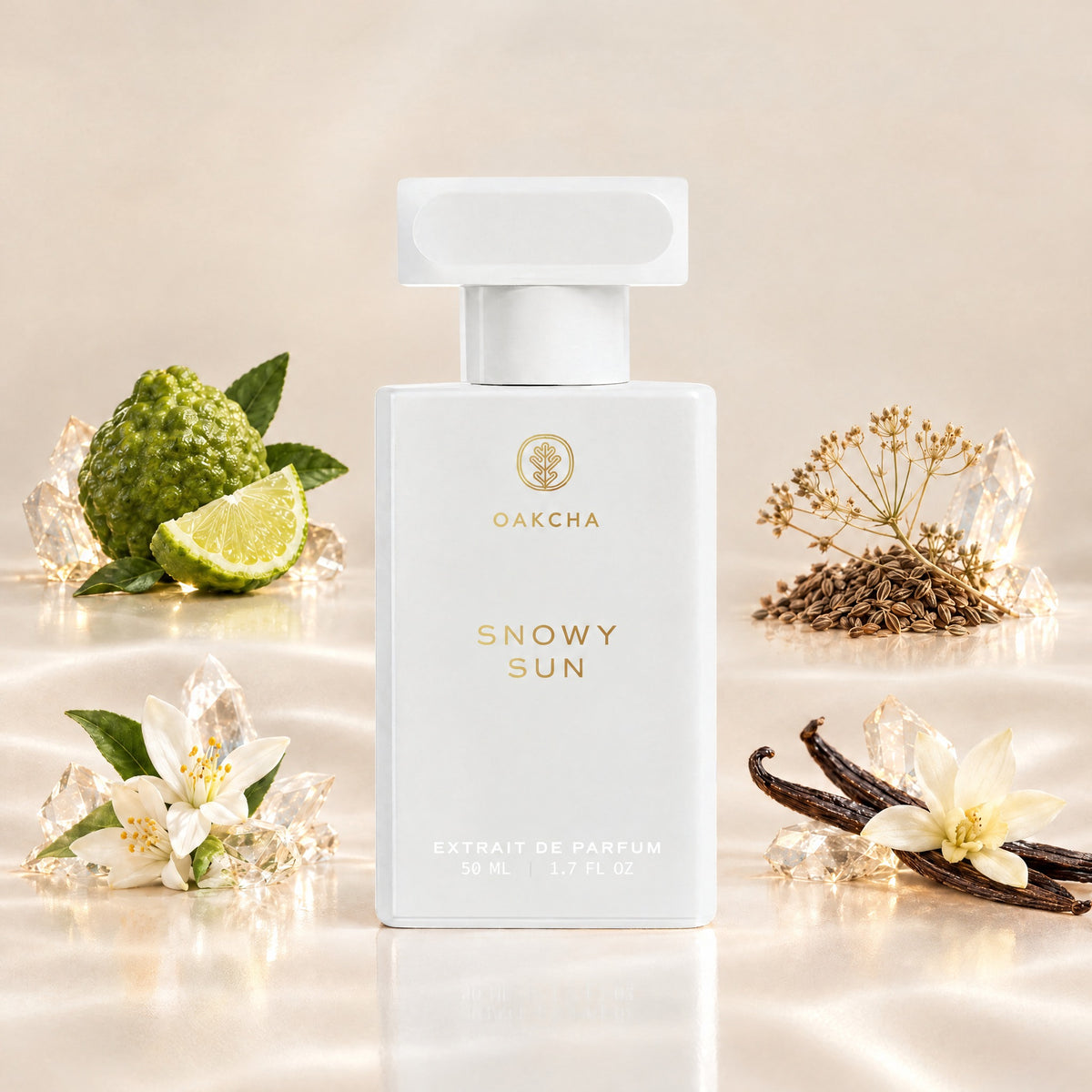 Front view of Snowy Sun Extrait de Parfum bottle with bergamot, carrot seed, orange blossom, and vanilla notes