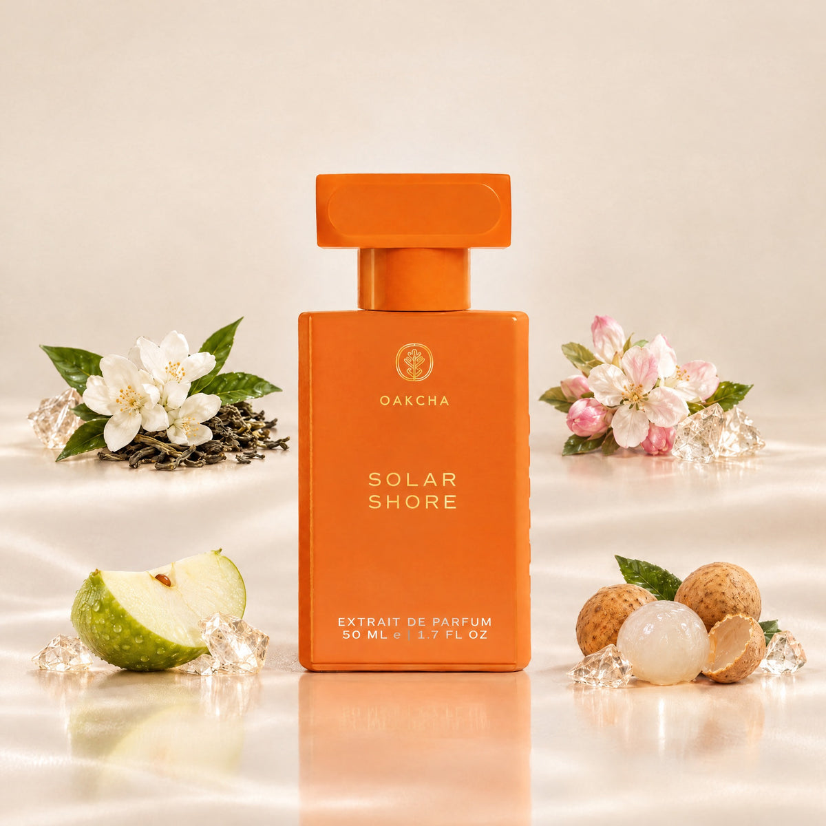 Front view of orange Solar Shore extrait de parfum bottle showing 50 ml size with jasmine tea, apple blossom, apple, and longoza notes
