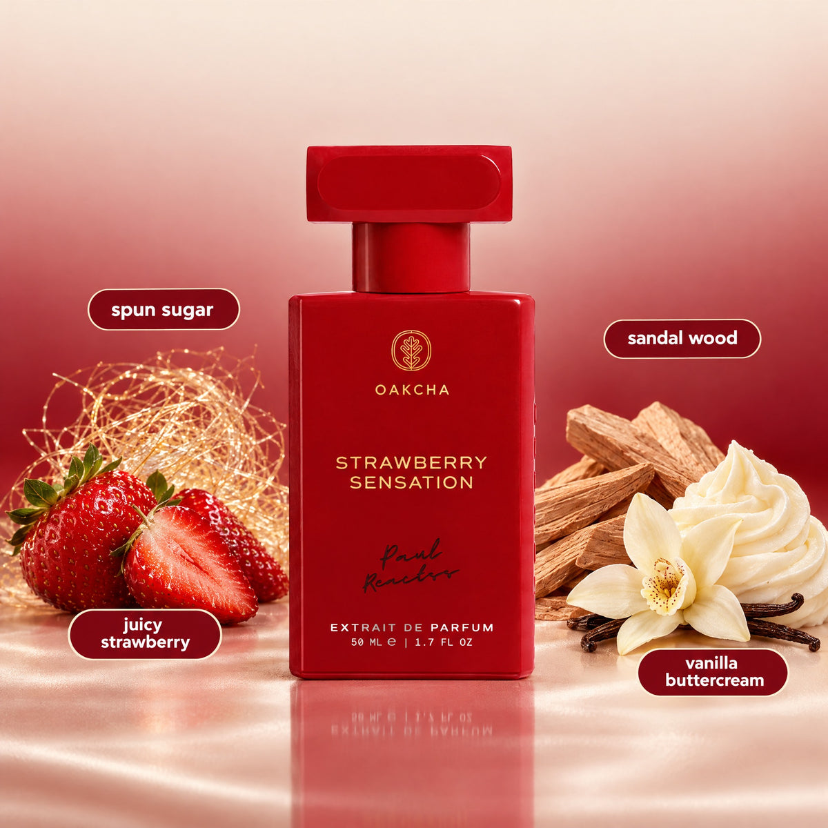 Front view of Strawberry Sensation perfume bottle showcasing red bottle with strawberries, sandalwood, and vanilla buttercream