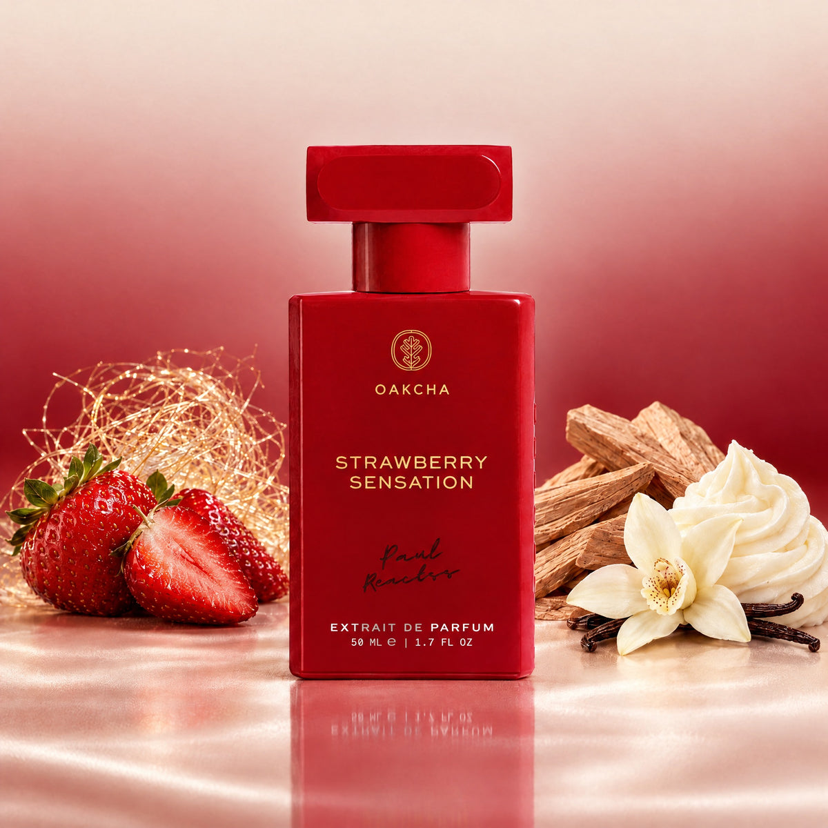 Front view of Strawberry Sensation perfume bottle showcasing red bottle with strawberries, sandalwood, and vanilla buttercream